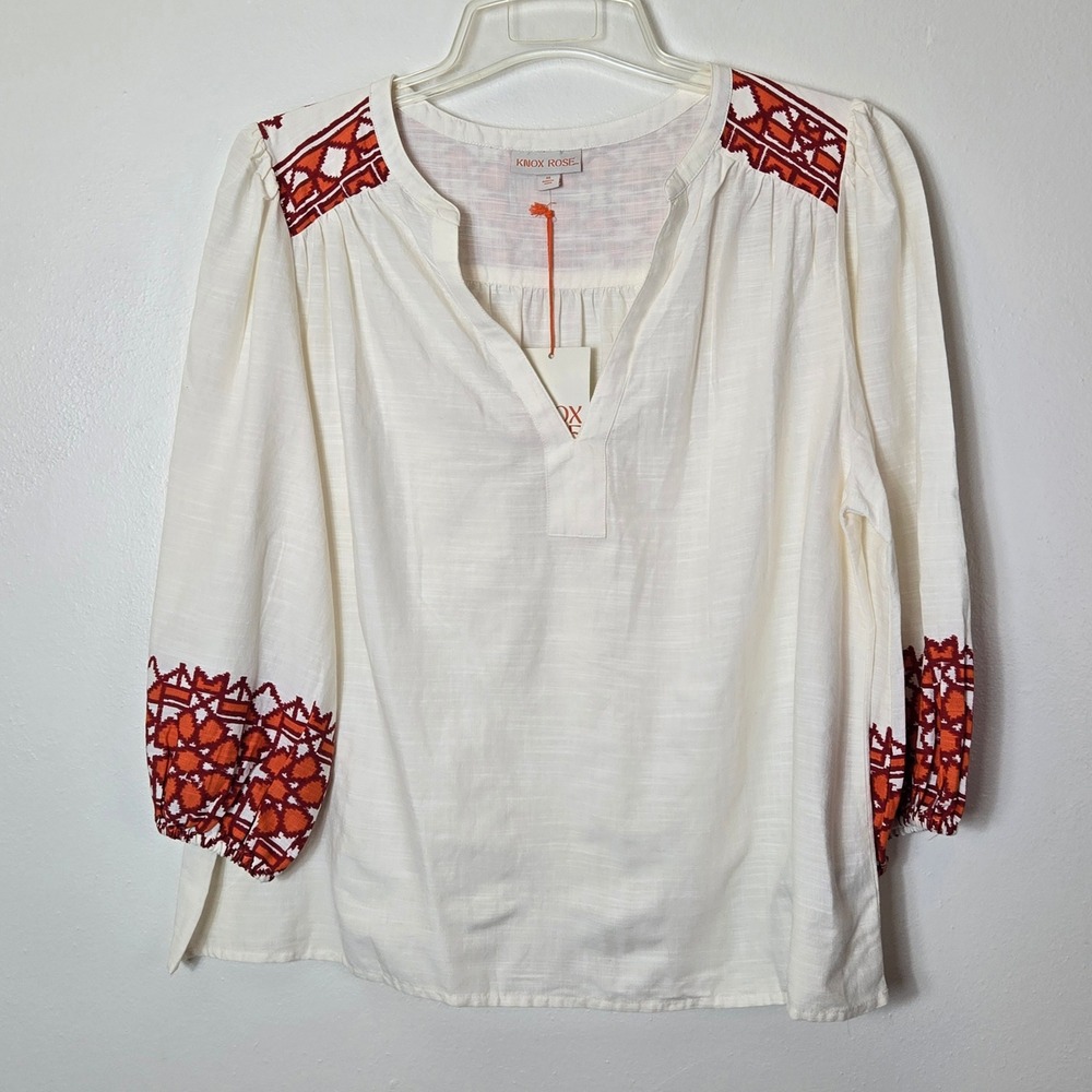 Knox Rose Women Medium Cream Embroidered Boho Split Neck 3/4 Sleeve Blouse NWT